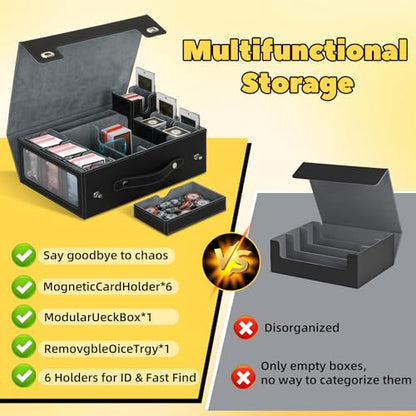MTG Commander Deck Box with Handle, 6Removable Boxes,2-Row Case & Dice Tray | 9-in-1 Large Card Storage Box, Holds 1400+ Double-Sleeved Cards, Display Window,Mag Holders, Latch Closure,Fit TCG/EDH, Grey - color: Black