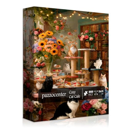 Cat Puzzles for Adults 1000 Pieces, Kitty Coffee Cake Flower Puzzle, Floral Kitten Animal Jigsaw Puzzles, Cozy Coffee Shop Wall Decor - style: Cozy Cat Cafe puzzle