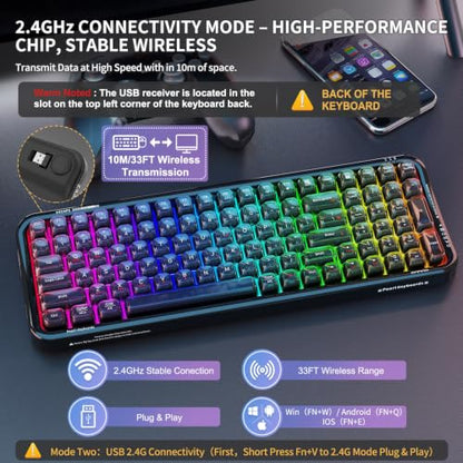 FOPETT Wireless Computer Keyboard with RGB Backlit, Tri-Mode Bluetooth 5.0/USB-C/2.4GHz Ergonomic Gaming Keyboard - Full-Size Rechargeable Transparent Keycap for Laptop/Windows/PC - Black - color: 732 Black