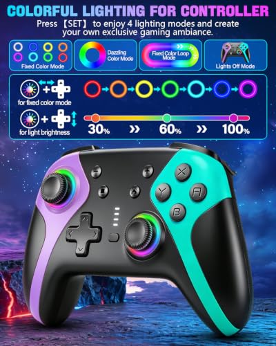 GaloDrmy Wireless Switch Controllers for Nintendo Switch/OLED/Lite/Switch 2 | 1000mAh Rechargeable Switch Pro Controller with 10 Color Light/Hall Effect Joystick/Wake Up/Turbo/Motion Control,Purple&Green - color: Purple & Green