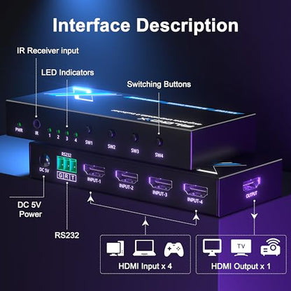 4K@60Hz HDMI Switch 4 in 1 Out 1080P@120Hz HDMI Switcher 4 Ports Selector with Remote Support 18Gbps HDR 10+ Dolby Vision/Atmos HDCP 2.2, RS232 Control