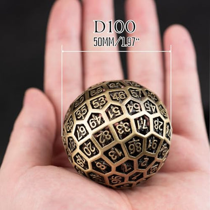 Enchanted Hollow Metal D100 Dice - 50mm DND Dice for d&d RPG & Tabletop Games for Gamers Dm with a Leather Bag (Bronze) - color: D100 Bronze