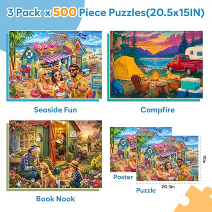 3 Pack 500 Piece Puzzle for Adults Colorful Scenic Jigsaw Puzzle Set Village Beach Sunset Puzzles for Teens Seniors Landscape Puzzles with Letters on Back Relaxing Family Game Gift 20.5 x 15 Inch