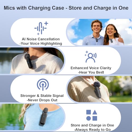 Wireless Mini Lavalier Microphone for iPhone, Android w/ Charging Case | Microphone for Content Creators, 65ft Clip on Dual Mics for TikTok, YouTube, Noise Reduction,Clear Voice, 6H Working Time