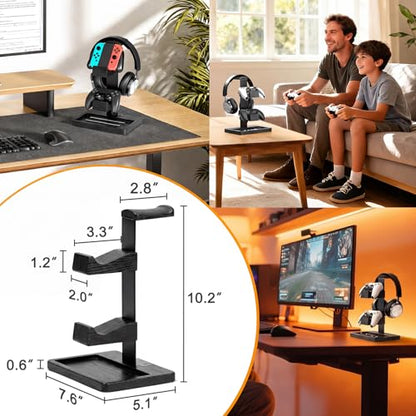 Solid Wood Controller Holder and Headphone Stand, Controller Stand for Desk | Dual Gaming Controller Organizer Rack, Fits Xbox, PS4, PS5, Gamepad, Headset Holder for Son, Husband, Boyfriend-Black