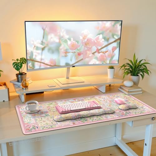 iLeadon Cute Floral Desk Mat Set, Non Slip Mouse Pad with Wrist Support | Desk Mat Set with Wrist Pad for Keyboard and Mouse Pad, Ergonomic Wrist Rest Set for Women Home Office, Pink - color: Pink
