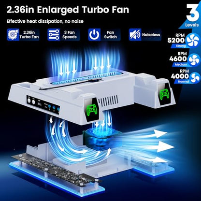KICKDOT PS5 Cooling Station & Stand with Dual Controller Charger, 3-Level Turbo Fan for PS5/Pro/Slim – Includes Game Storage, RGB Lights | PS5 Accessories - size: M-for PS5/Slim/Pro
