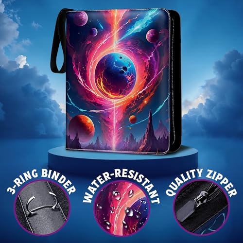 Premium Sports Card Trading Binder, Galaxy Design with Planets, Mountains & Fire, PU Leather, 900 Card Capacity, 50 Double Sided 9 Pocket Sleeves, 3 Ring Metal Binder, Zipper & Handle