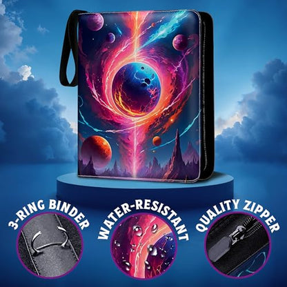 Premium Sports Card Trading Binder, Galaxy Design with Planets, Mountains & Fire, PU Leather, 900 Card Capacity, 50 Double Sided 9 Pocket Sleeves, 3 Ring Metal Binder, Zipper & Handle