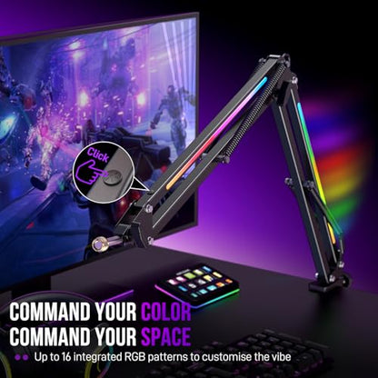 FIFINE Microphone Boom Arm, Metal Adjustable Mic Arm Stand with RGB Control, 3/8” to 5/8” Screw Adapter, Desk Mount Clamp, Suspension Scissor Mic Stand for Gaming Streaming Podcast-AmpliGame BM38 | Gaming RGB Mic Arm, Desk Mount Clamp, 3/8” to 5/8” Screw