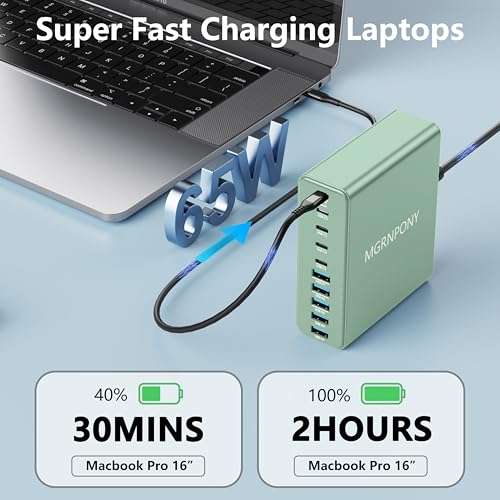 320W USB C Charger Block, 10-Port USB C Charging Station GaN III PD 65W PC Laptop Fast Charger Adapter for MacBook Pro/Air, DELL, iPad, iPhone, Samsung Galaxy (Green) - color: Green