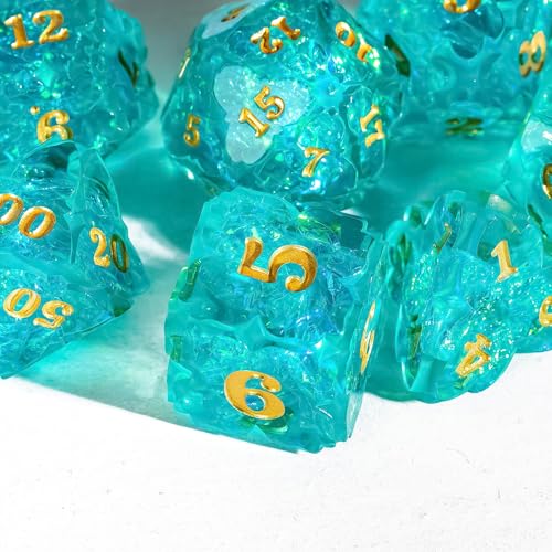Cusdie Sharp Edge DND Dice, 7 PCS Shamrock DND Dice Set D&D D20 D12 D10 D8 D6 D4, Handcrafted Polyhedral Dice Set for RPG and Other Table Games(Cyan) - color: Cyan