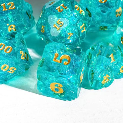 Cusdie Sharp Edge DND Dice, 7 PCS Shamrock DND Dice Set D&D D20 D12 D10 D8 D6 D4, Handcrafted Polyhedral Dice Set for RPG and Other Table Games(Cyan) - color: Cyan