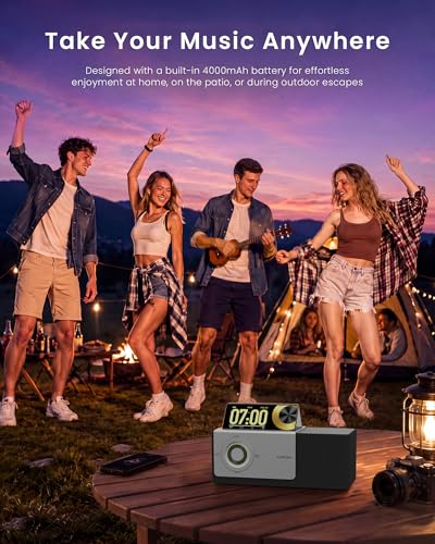GoldJoy 7 in 1 Bluetooth Speaker Wireless Charging Station for Home Gift | Sound with Punchy Bass, Sunset Lamp & White Noise for Sleep, Smart Flip-Up LCD Display, Clock Syncs Phone's Time and Date - color: Black