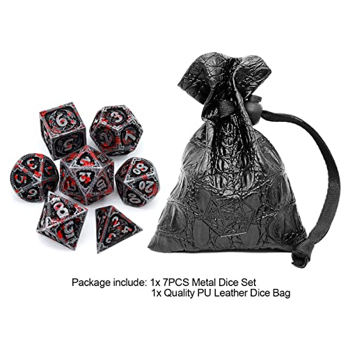 Haxtec Bloodstained Metal DND Dice Set Antique Iron Blood D&D Dice Set Dragon Scale with Leather Dice Bag Bloodsplattered Metal Polyhedral Dice Compatible with Dungeons and Dragons TTRPG Gifts - color: Antique Silver Red