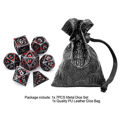 Haxtec Metal DND Dice Set, 7 Pcs Dragon Pattern Polyhedral Dice for RPG | Bloodstained D&D with Leather Bag, Compatible with Dungeons and Dragons, Heavy Metallic, TTRPG Gifts for Table Games - color: Antique Silver Red