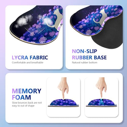 AIMSA Large Mouse Pad Wrist Support Set, Purple Desk Mat+Mouse Pad with Wrist Rest+Keyboard Wrist Pad+Coaster, 4-in-1 Cat Flowers Ergonomic Mousepad Combo - color: Cat Purple Flowers