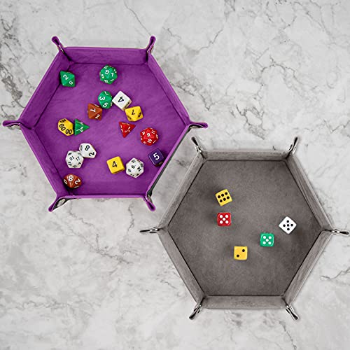 SIQUK 2 Pieces Dice Tray PU Leather Dice Trays Folding Hexagon Dice Holder Tray for Dice Games Like RPG, DND and Other Table Games (Gray and Violet) - color: Gray and Violet