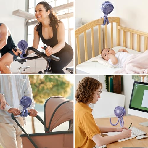 Momcozy 8000mAh Portable Stroller Fan, 27H Ultra-long Battery Life Detachable 4 Speed 360°Rotate LED Night Light with 2 Modes, USB Rechargeable Handheld Cooling Fan for Travel/Car Seat/Bedroom - color: Purple