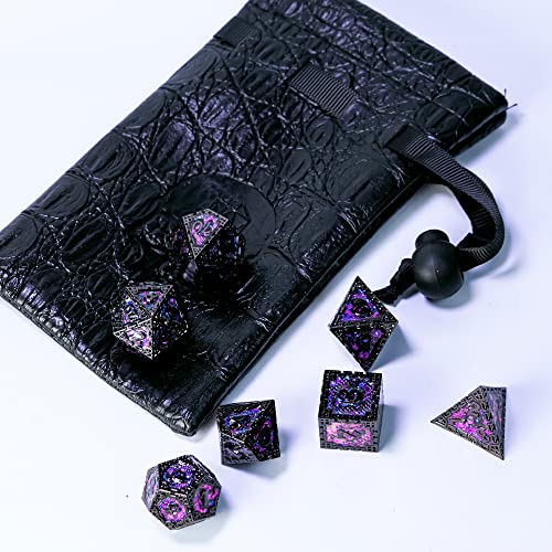 UDIXI Metal DND Dice Set Polyhedral Metal Dice Set for D&D (Purple Sequins) | 7-Pieces, Dragon Carved, Chain-edge Design, Metal Gift Box, DM Gift, for Dungeons and Dragons Role Playing Games - color: Chain Frame-black With Purple Sequins