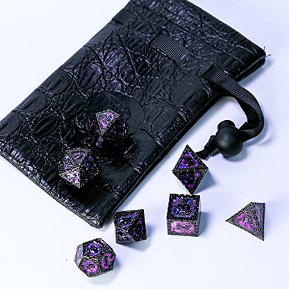 UDIXI Metal DND Dice Set Polyhedral Metal Dice Set for D&D (Purple Sequins) | 7-Pieces, Dragon Carved, Chain-edge Design, Metal Gift Box, DM Gift, for Dungeons and Dragons Role Playing Games - color: Chain Frame-black With Purple Sequins