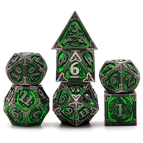 PJOY D&D Dice Set Metal DND Green Dice with Case Compatible with Dungeons and Dragons Ranger Gifts - color: Antique Silver Green