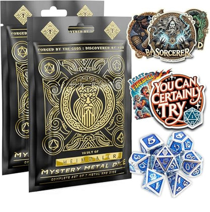 HEIMDALLR Mystery Metal DND Dice Set 2-Pack – 7pc Blind Bag with Random Class & Funny DND Stickers – Metal Role Playing Dice for Dungeons and Dragons – Gift for D&D Players, Great for New - color: Mystery Metal Dice 2-pack