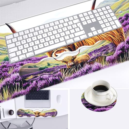 Large Mouse Pad and Keyboard Wrist Rest, Desk Pad for Keyboard and Mouse, 4-in-1 Large Gaming Mouse Pad with Wrist Support, Desk Mat for Home Office Study Game,Cute Highland Cow - color: Cute Highland Cow