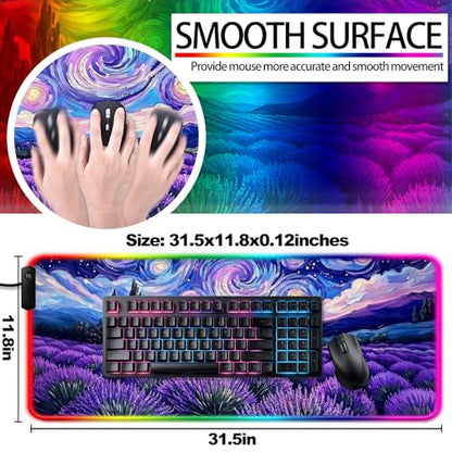 RGB Fantasy Starry Night Lavender Field Gaming Desk Mat, Computer Keyboard Large Extended Long Floral LED Mouse Pad for Office and Home, XL (W27) - color: Rgb-w27