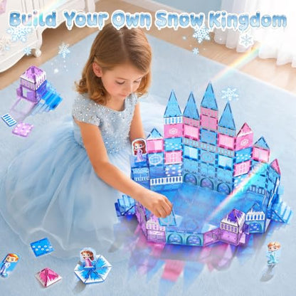 GobiDex 100PCS Magnetic Tiles Princess Castle Building Set with 4 Dolls | Princess Magnetic Blocks Building Toys for Kids Ages 4-8, Colorful Magnetic STEM Toys, 3 4 5 6 Year Old Girl Birthday Gifts