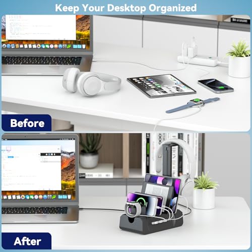 KDD Charging Station with 6 Charging Cables - Fast Charging 6 in 1 Cellphone Charging Dock with Headphone Stand and Watch Holder - 2 AC&USB A&USB C, Storage Station for Smartphone,Tablets, AppleWatch