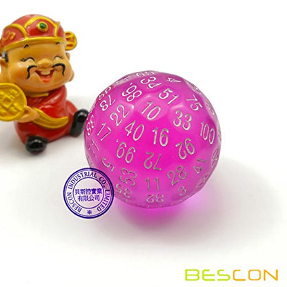 Bescon Translucent Polyhedral Dice 100 Sides, Transparent D100 die, 100 Sided Cube, D100 Game Dice,100-Sided Cube of Purple - color: Translucent Purple
