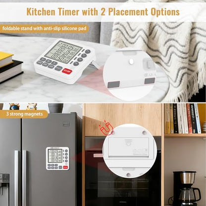 Digital Dual Kitchen Timer, 4 Channels Independent Countdown Timer, Large Display, On/Off, Loud Volume Alarm and Flashing Light with Magnetic Back, Stand, Battery Included (White) - color: White