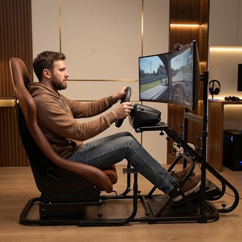 Racing Simulator Cockpit with Monitor Mount and Stronger Fiberglass Brown Mesh Fabric Bucket Seat, Racing Wheel Stand Compatible with Fanatec, Thrustmaster, Logitech, Moza Racing Games on PS5, PS4, Xbox and PC - color: Cockpit+Brown Seat