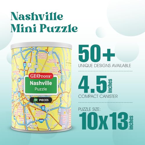 Geotoys Nashville Mini City Puzzle - 100 Piece Puzzles for Kids and Adults in Portable Can, 13" x 10" Educational Travel Puzzle for Ages 7 and Up - Mini Puzzles to Learn & Explore Geography - style: Nashville