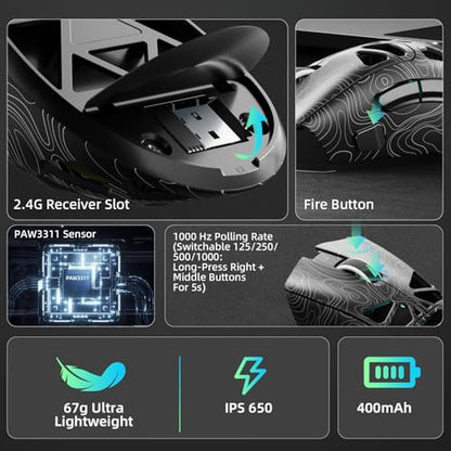 Aula SC620 Wireless Gaming Mouse, Tri-Mode 2.4GHz/USB-C/BT5.3 Computer Mouse with 12000 DPI, Programmable Macro Gamer Mouse with Rapid Fire Key, RGB Light Gaming Mice for PC/Laptop/Mac - color: Line Black