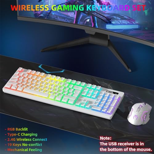 Wireless Gaming Keyboard and Mouse Combo - RGB Backlit, Rechargeable, Ergonomic, for Gaming Work, Long-Lasting Built-in Battery (White)