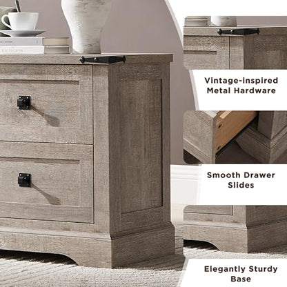 T4TREAM 24" Farmhouse Nightstand with Charging Station, Light Rustic Oak | End Table, 2 Large Storage Drawers, Rustic Wood Sofa Bedside Table, Bedroom, Living Room - color: Light Rustic Oak, size: 24"W*15.75"D*24"H