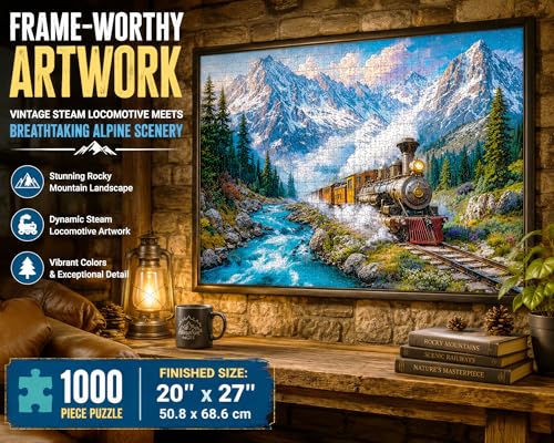 1000 Piece Jigsaw Puzzle for Adults - Mountain Express - A Steam Locomotive Train Thunders Down the Tracks - Challenging Puzzle Perfect for Game Nights - 1000 Piece for Adults. 20x27 inches - color: Mountain Express