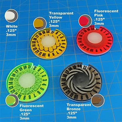 LITKO Life Counter Dials 0-21 | Compatible with MTG & D&D | Multi-Color | Set of 4 — pink, yellow, bronze & green | 40mm round, engraved patterns | Tracks HP, health & resources | UV-printed - color: Multi-color