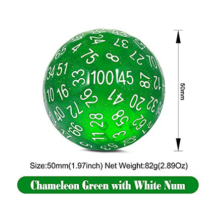 DNDND D100 Die Glitter Green 100 Sided Dice Set with Translucent Pouch for Dungeons and Dragons(Chameleon Green with White Number) - color: Glitter Green