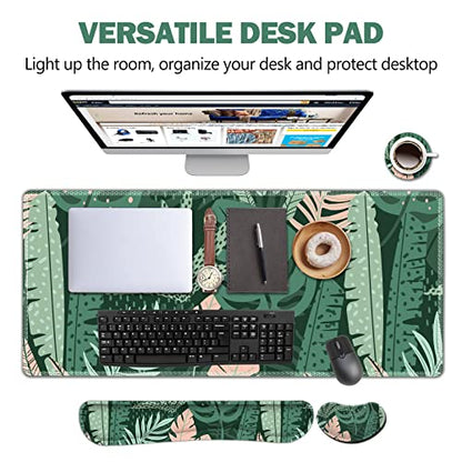 AIMSA Large Gaming Mouse Pad Set, Keyboard Wrist Rest Support Mouse Pad, Ergonomic Memory Foam Multifunctional Extended Desk Mat 35x15.7in Anti-Slip Rubber Base for Office Home, Pink Green Leaves - color: Pink Green Leaves