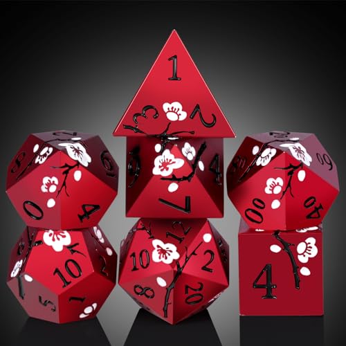 Matt Red DND Metal Dice, DNDND 7 PCS Heavy Metallic D&D Dice Set with Gorgeous Gift Case for Dungeons and Dragon Tabletop Game (Matte Red with White Flower) - color: Flower Red