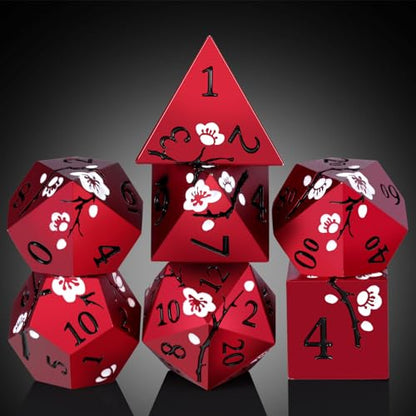 Matt Red DND Metal Dice, DNDND 7 PCS Heavy Metallic D&D Dice Set with Gorgeous Gift Case for Dungeons and Dragon Tabletop Game (Matte Red with White Flower) - color: Flower Red