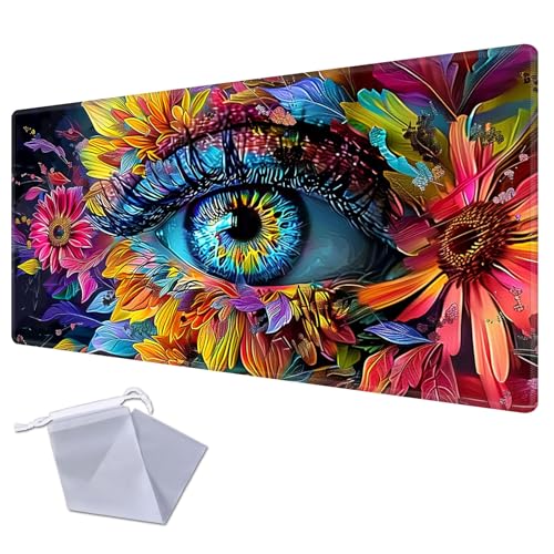 Large Gaming Playmat Compatible with MTG, Seamless Card Game Mat with Stitched Edges, 23.6 x 13.7 in Natural Rubber Desk Pad with Transparent Drawstring Bag, A Cosmic Eye with Flowers - color: A Cosmic Eye With Flowers, size: 24"X14" Regular
