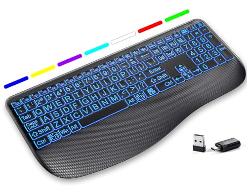 Large Print Wireless Backlit Keyboard – Rechargeable Quiet Low-Profile Keys, 7-Color Light up with Memory Setting, Ergonomic Full Size with Extra-Large Wrist Rest for Computer/Laptop Windows, Black - color: Black