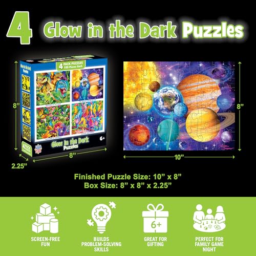 MasterPieces – Jigsaw Puzzle Set for Kids 6+ Years, 4-Pack of 100 Pieces, Educational and Fun Game, Blue Glow in The Dark Collection, Gift Idea for Children, 8" x 10 - style: Glow in the Dark V2