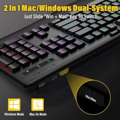 E-YOOSO Wireless Bluethooth Silent Backlit Gaming Keyboard,Tri-Mode BT5.0/2.4GHz/Wired,8 RGB Light up,Ergonomic,USB C Rechargeable,for Typing/Office/Home/PC Computer/Mac/Laptop/IPad/Xbox/PS5