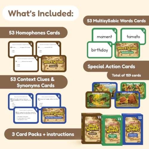 THE FIDGET GAME Word Quest, Vocabulary Building Flash Card Game, Grades 3-5 Ages 8-11, Multisyllabic, Homophones, Context Clues & Synonyms