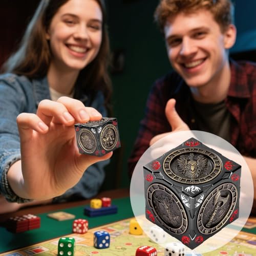 DND Spinner Dice, 7-in-1 Metal Dice Set, 3D Relief Design, DND Polyhedral Rotating Game Dice, D&D Gifts with Dragon Logo Gift Box, RPG, Role Playing Board Game Accessories, Black - color: Gold + Dark Grey